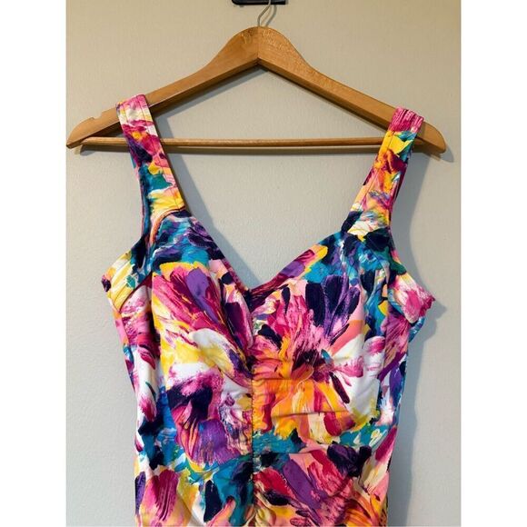 Maxine Of Hollywood Sz 14 Shirred One Piece Swimsuit Sunburst Colorful Tropical - Picture 3 of 7